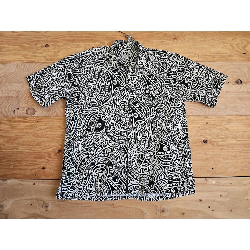 Rix Hawaiian Camp Aloha Button Down Tribal Shirt Black White Sz 2XL